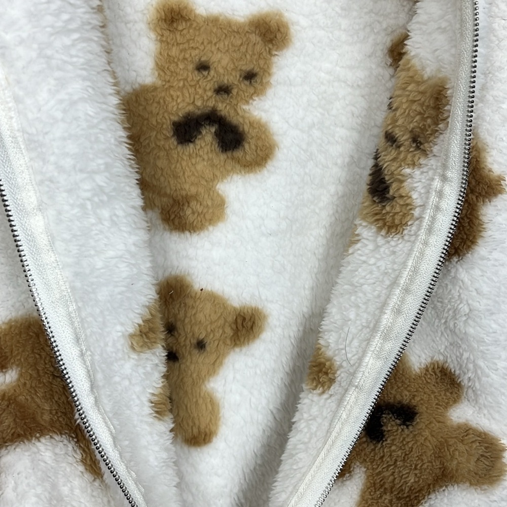 SHEIN Womens Vest Brown/White L Teddy Bear Pattern Full Front Zip Pockets Fleece - Picture 7 of 13